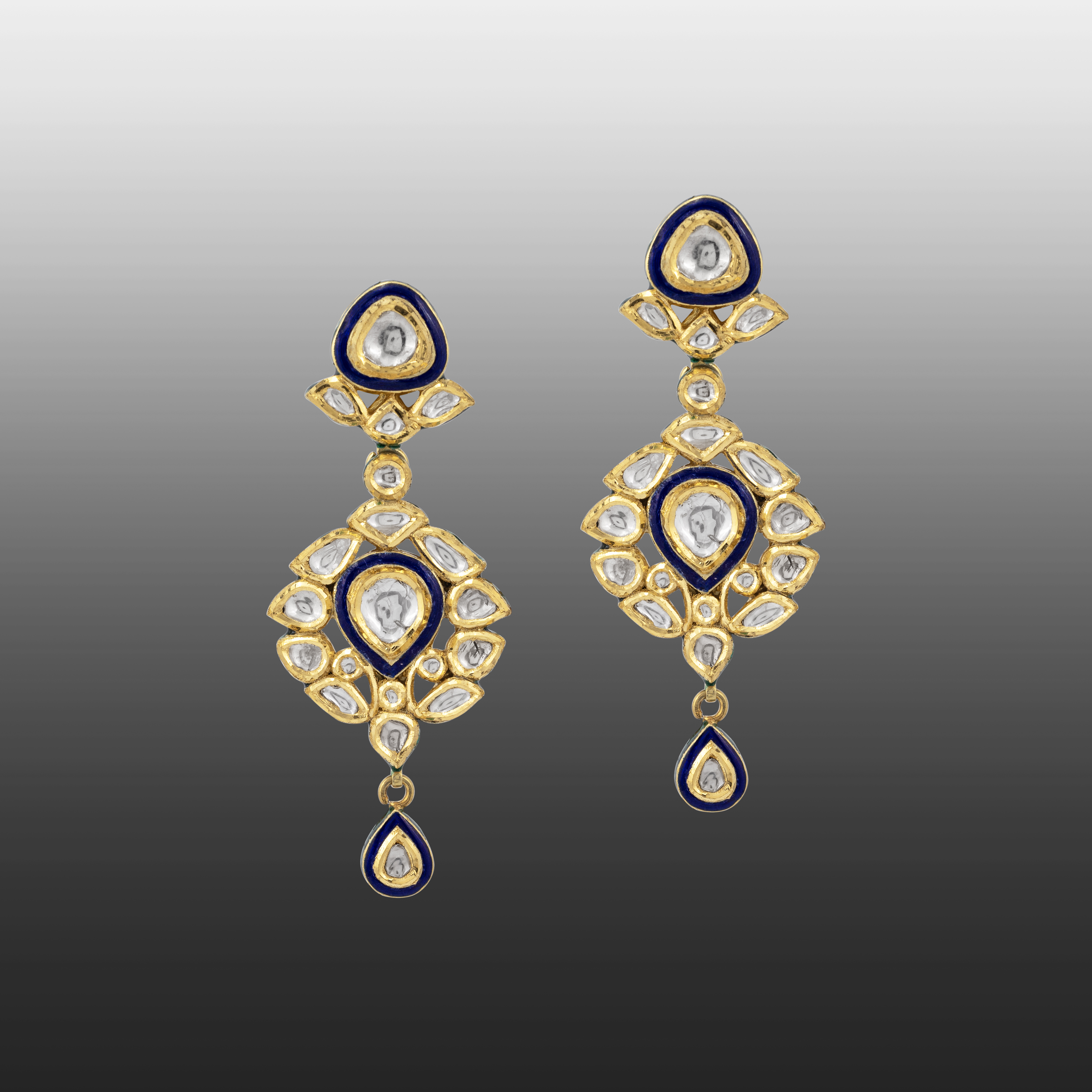 Polki Drop Earrings with Blue Enamel and Teardrop Motifs